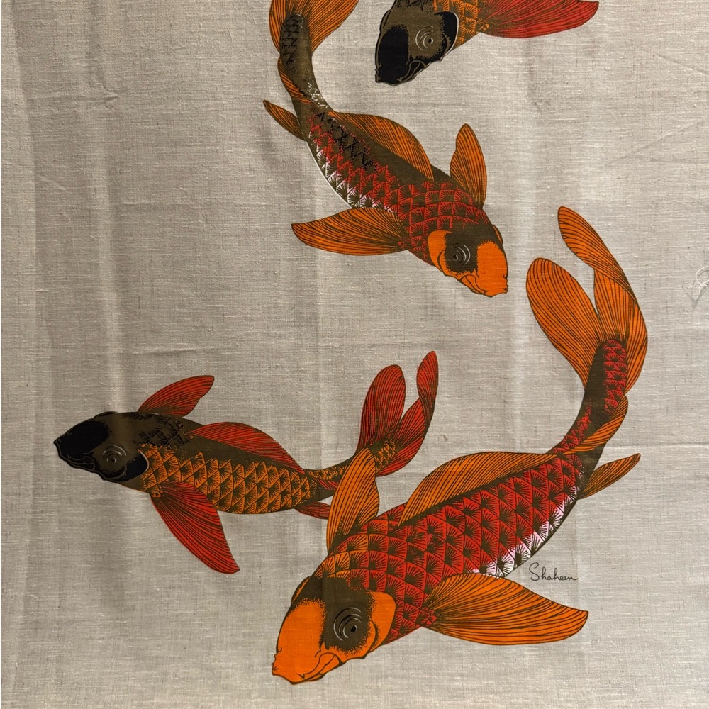 Vintage Signed Alfred Shaheen Koi Fish Linen Panel | Mid-Century Textile Art